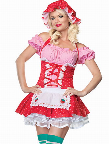 Sexy Strawberry Shortcake Outfit Halloween Costume with strawberry apron dress and matching bonnet.